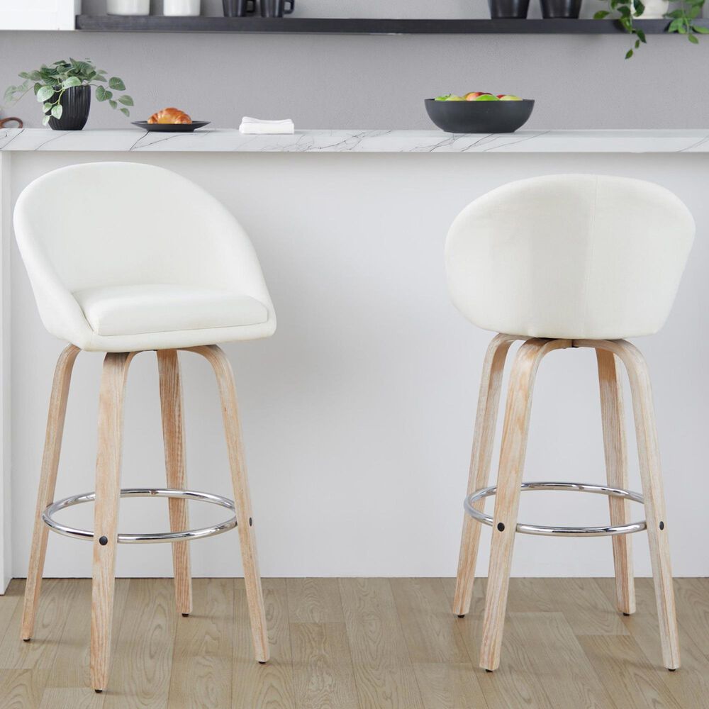 LumiSource Matisse 30" Swivel Barstool with Cream Fabric Upholstery in Whitewashed and Chrome (Set of 2), , large