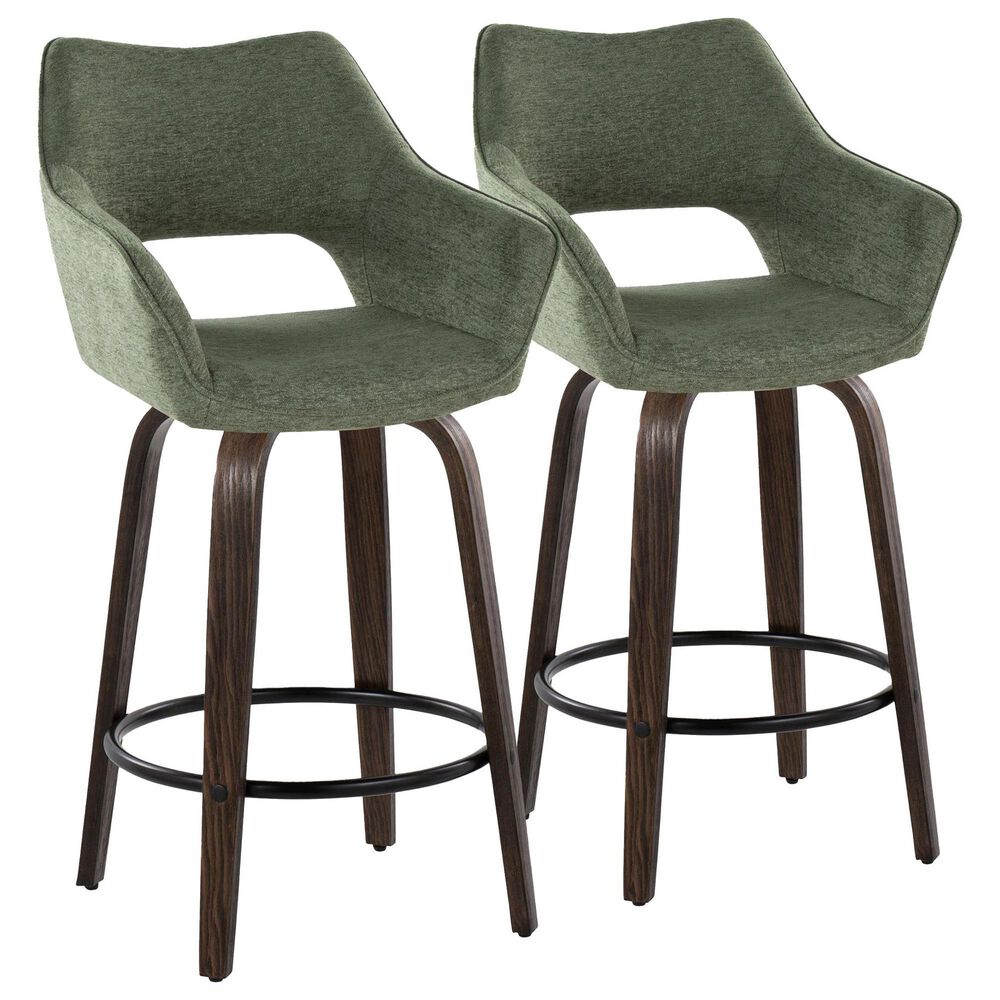 LumiSource Mustang 26" Swivel Counter Stool with Green Fabric Upholstery in Glazed Walnut and Black (Set of 2), , large