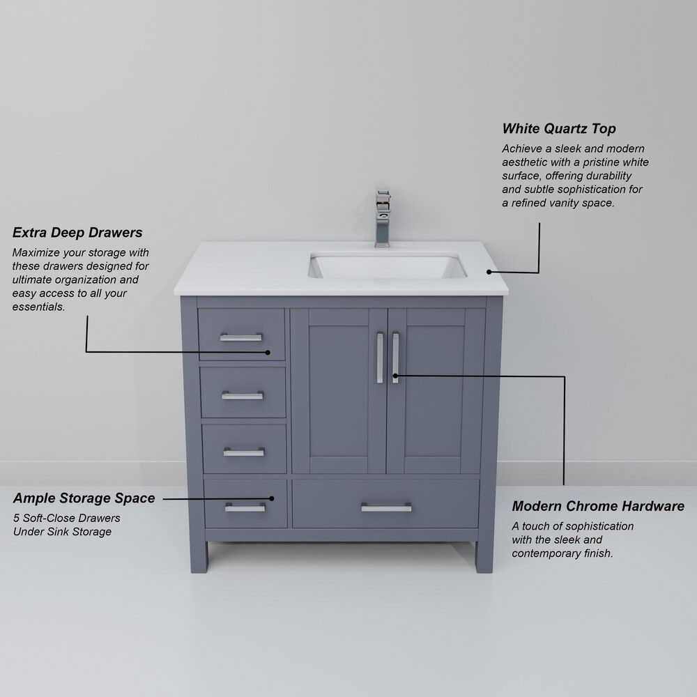 Lexora Home Jacques 36" Right Offset Single Bathroom Vanity in Dark Grey with 2 cm White Quartz Top and Rectangular Sink, , large