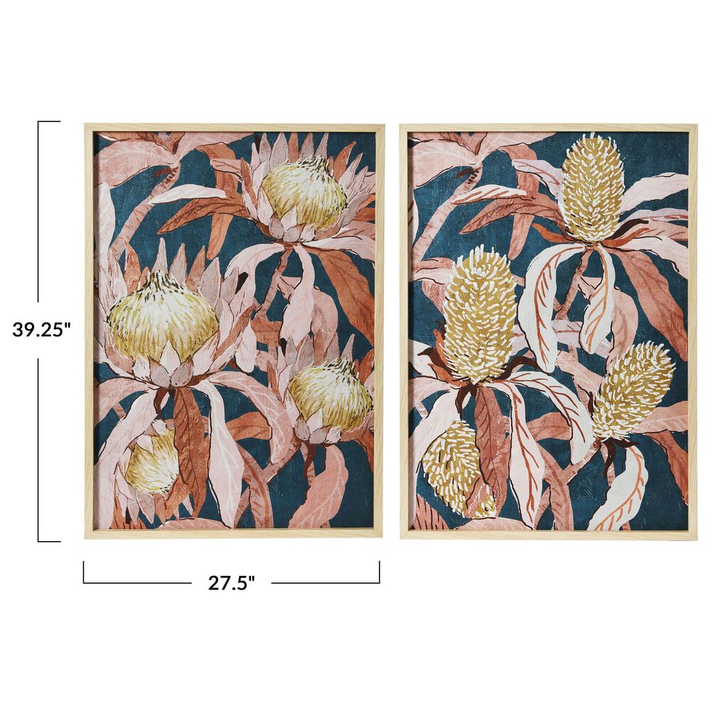 Creative Coop 39.38" x 27.5" Floral Prints Wall Art in Blue, Brown, Yellow and Orange (Set of 2), , large
