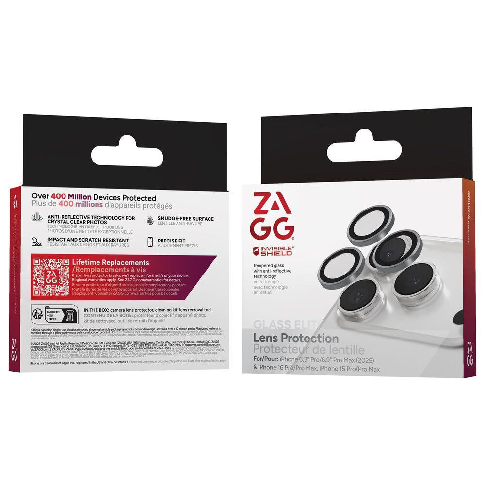 Zagg InvisibleShield Glass Elite Camera Lens Protector for Apple iPhone 15 Pro/16 Pro Max/16 Pro/17 Pro/17 Pro Max in Silver, , large