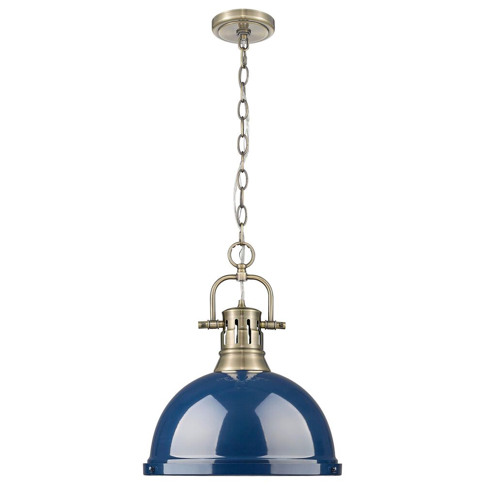 Golden Lighting Duncan 1-Light Pendant with Chain and Matte Navy Shade in Aged Brass, , large