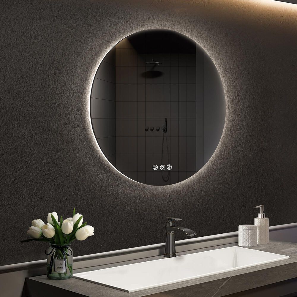HOMLUX 36" Round Frameless LED Backlit Bathroom Vanity Mirror in Silver, , large