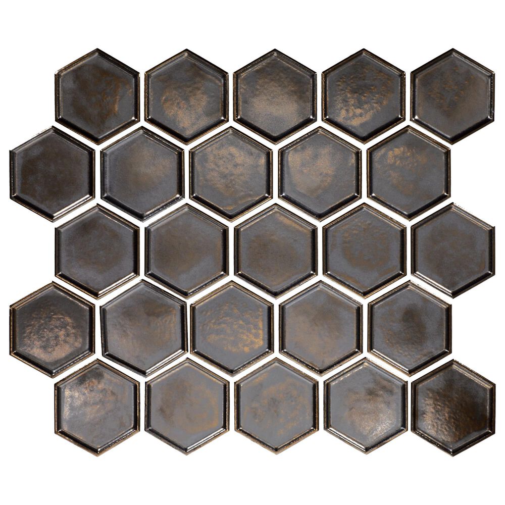 Dal-Tile Artefino Jewel Antiqued Brass 2.5" Framed Hexagon on 12" x 14" Porcelain Mosaic Sheet, , large
