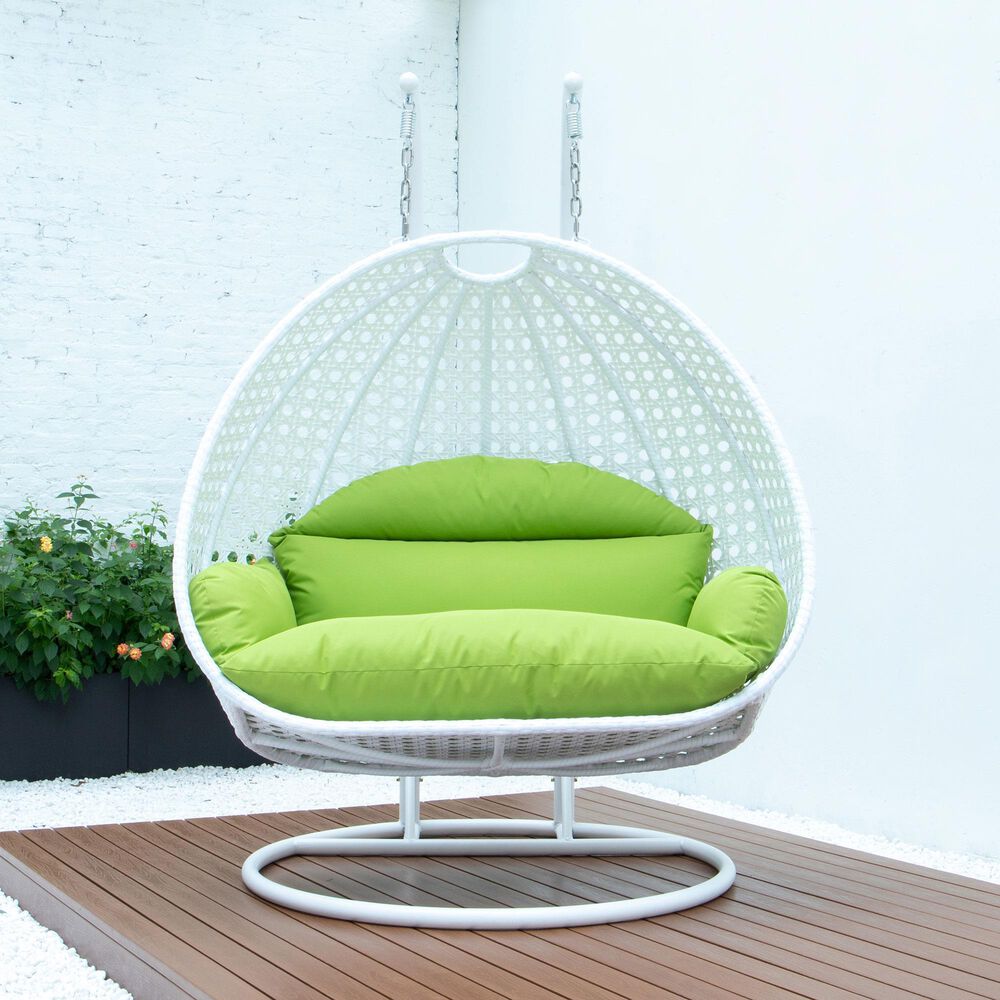 Leisuremod 2-Seat Hanging Egg Swing Chair with Light Green Cushion in White, , large