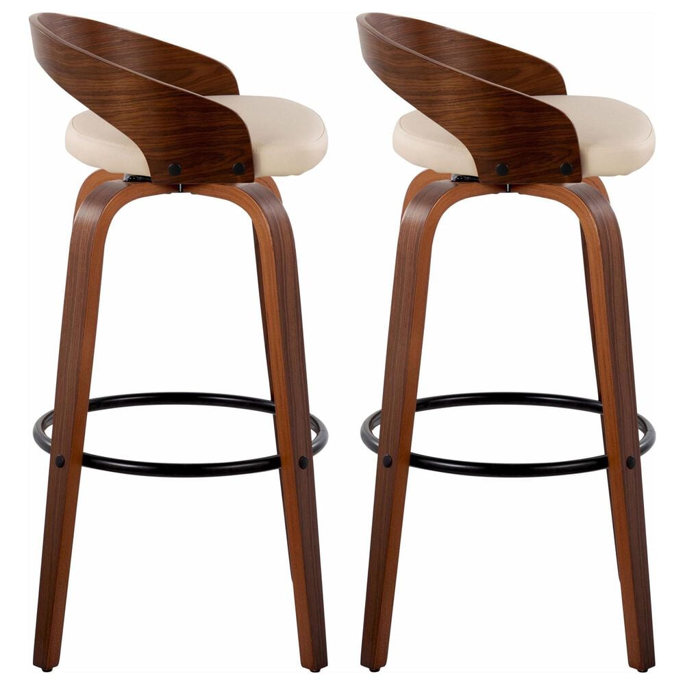 LumiSource Grotto 30" Swivel Barstool with Cream Faux Leather Upholstery in Walnut and Black (Set of 2), , large