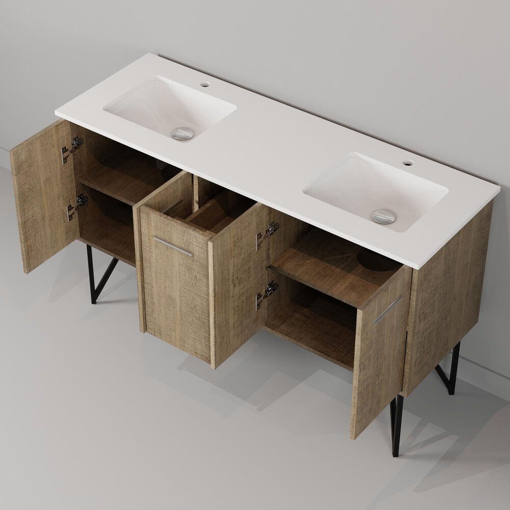 Lexora Home Lancy 60" Double Bathroom Vanity in Rustic Acacia with 2 cm White Cultured Marble Top and Rectangular Sinks, , large