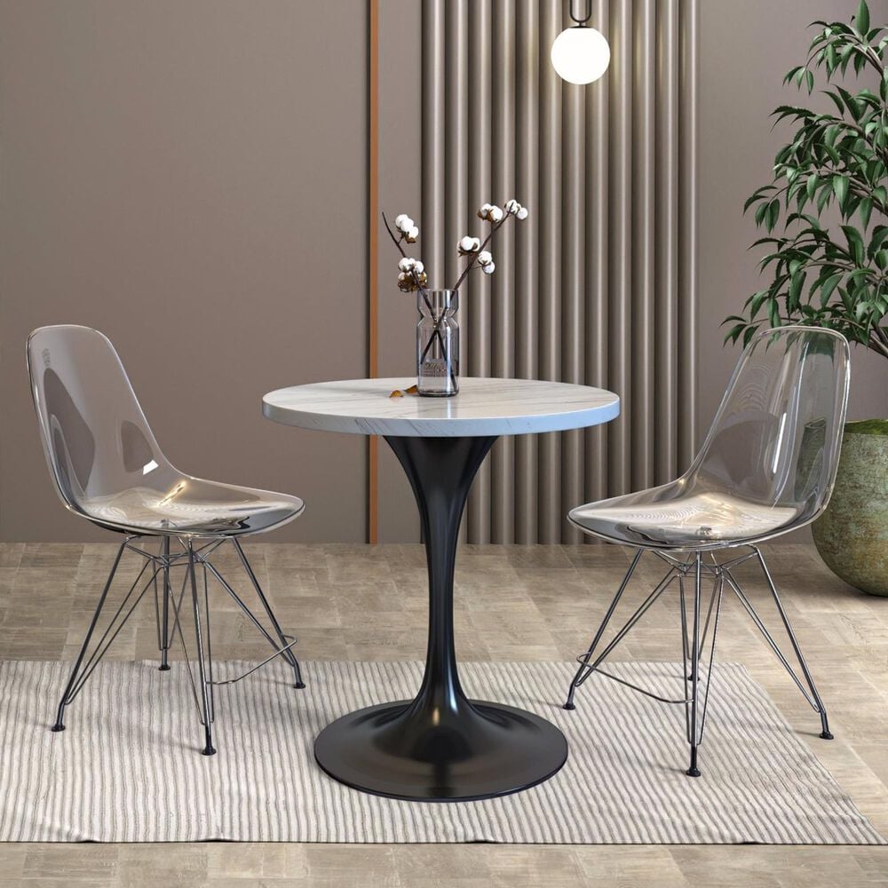 Leisuremod LeisureMod Verve Collection 27 Round Dining Table, Black Base with Laminated White Marbleized Top, , large