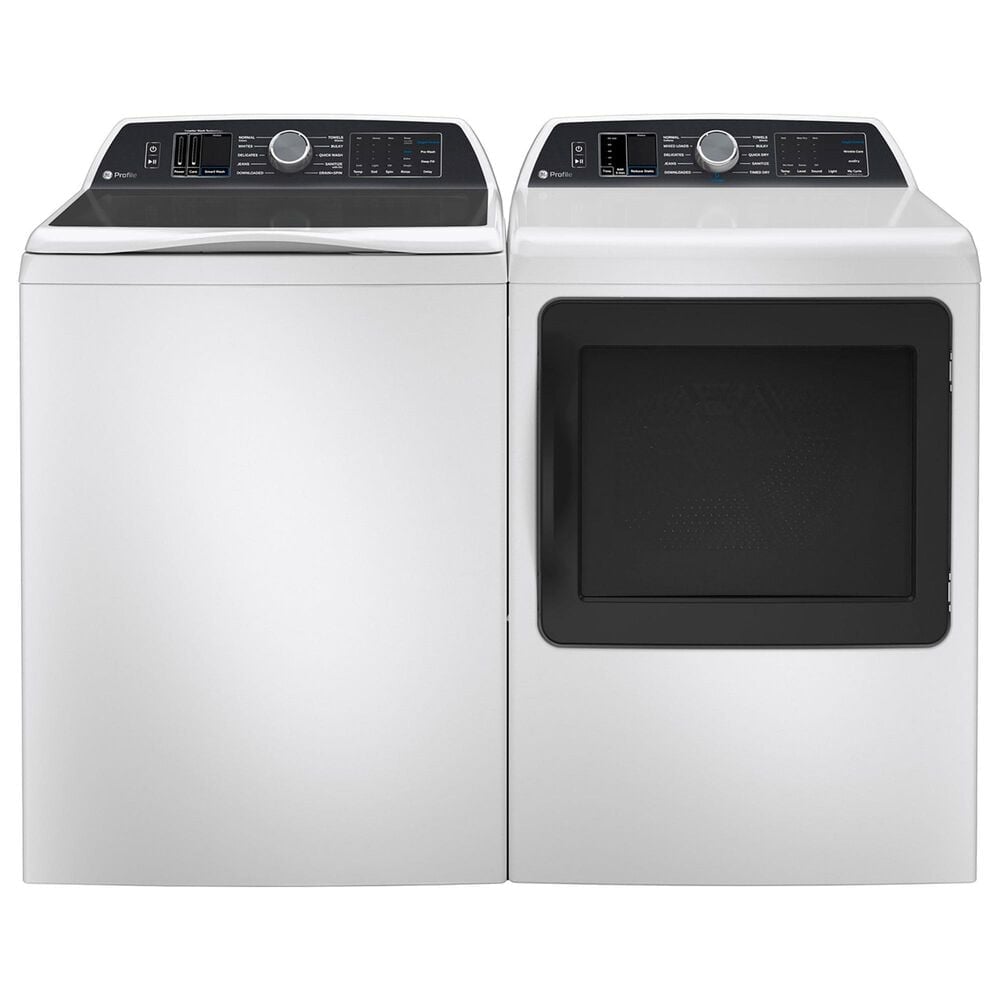 GE Profile 5.4 cu. ft. Capacity Washer with Smarter Wash Technology and FlexDispense and 7.4 cu. ft. Capacity Smart aluminized alloy drum Electric Dryer with Sanitize Cycle and Sensor Dry in White, , large