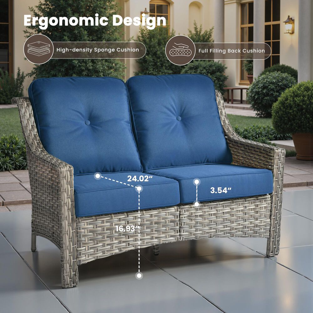 HOMLUX Outdoor Rattan Loveseat with Ergonomic in Navy Blue, , large
