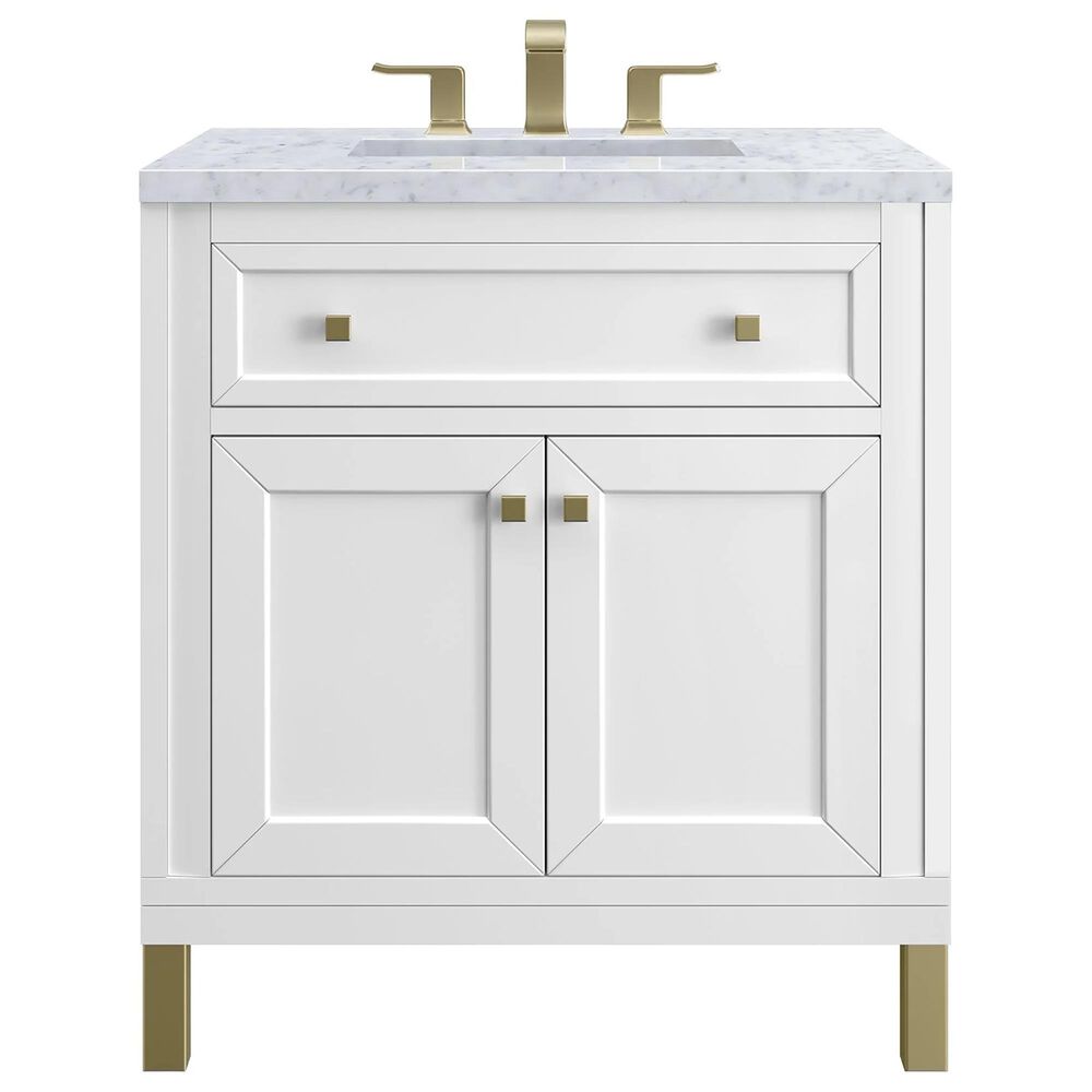 James Martin Vanities Chicago 36" Single Bathroom Vanity in Glossy White with 3 cm Carrara White Marble Top and Rectangular Sink, , large