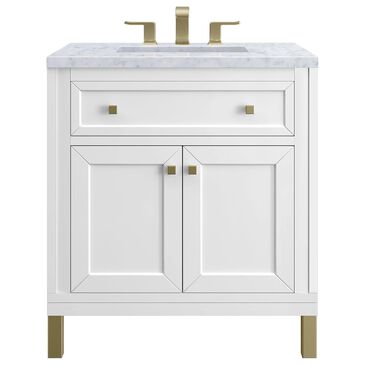 James Martin Vanities Chicago 36" Single Bathroom Vanity in Glossy White with 3 cm Carrara White Marble Top and Rectangular Sink, , large