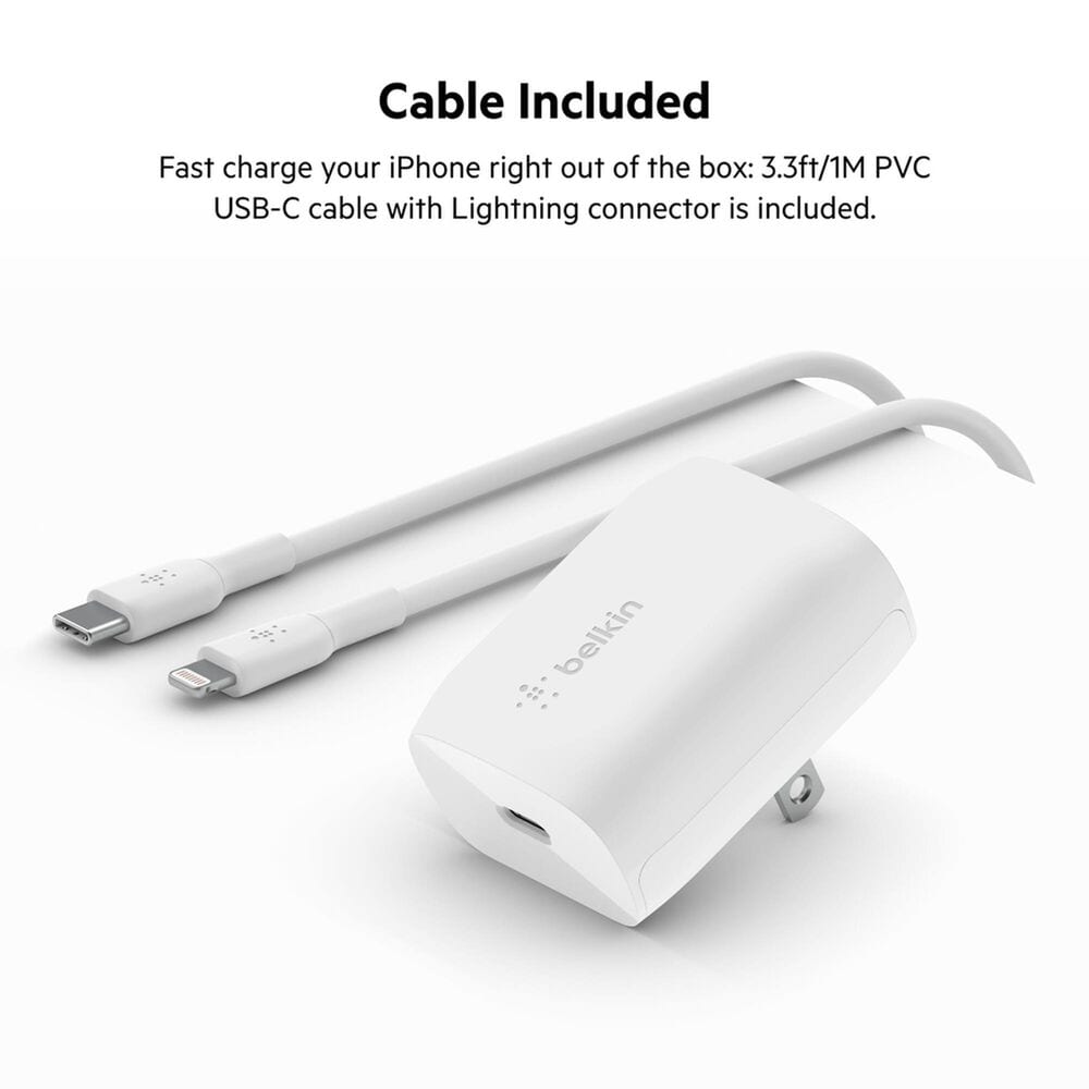 Belkin BoostCharge 20W USB-C PPS Wall Charger with Type C to Lighting Cable in White, , large
