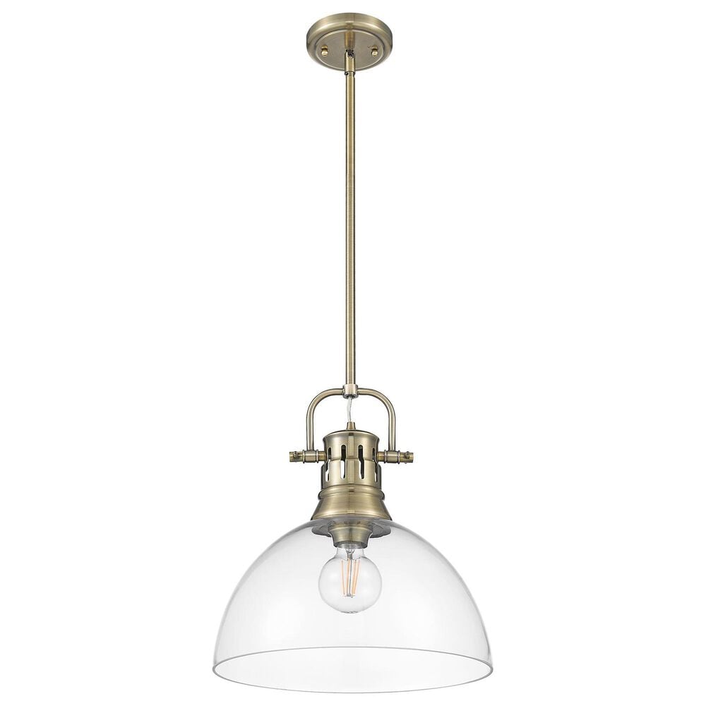 Golden Lighting Duncan 1-Light Pendant with Rod and Clear Shade in Aged Brass, , large