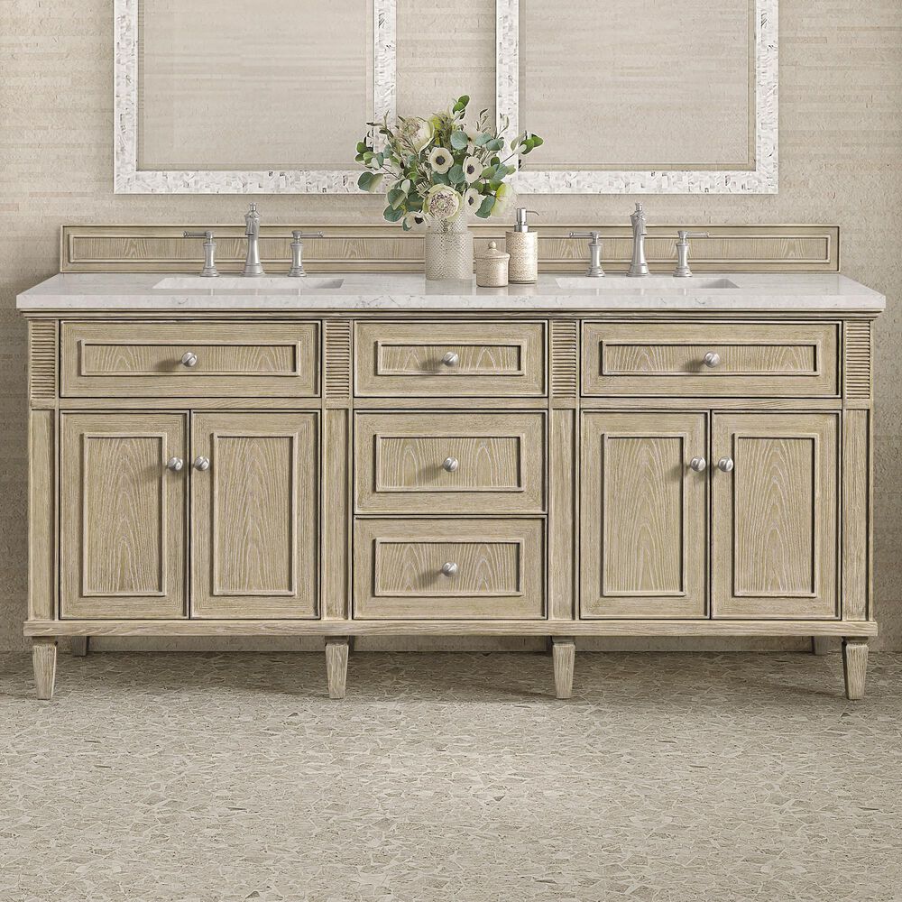 James Martin Vanities Lorelai 72&quot; Double Vanity in Whitewashed Oak with 3 cm Eternal Jasmine Pearl Quartz Top, , large