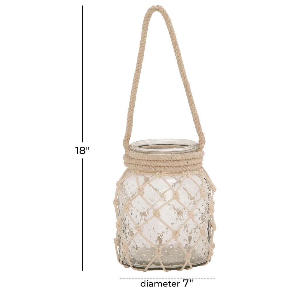 Maple and Jade Round Decorative Indoor/Outdoor Candle Lantern with Rope Handle in Clear and Cream, , large