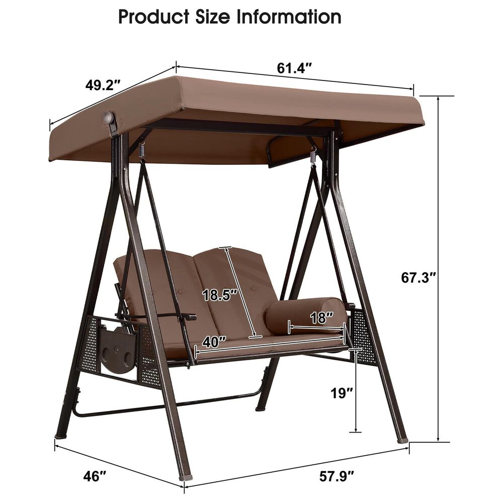 HOMLUX 2-Seat Outdoor Porch Swing with Adjustable Tilt Canopy and Foldable Tray in Beige, , large