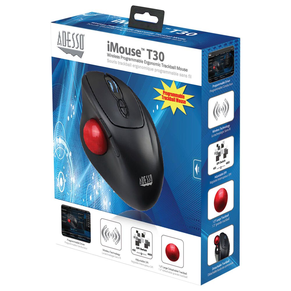 Adesso Wireless Programmable Ergonomic Trackball Mouse in Black, , large