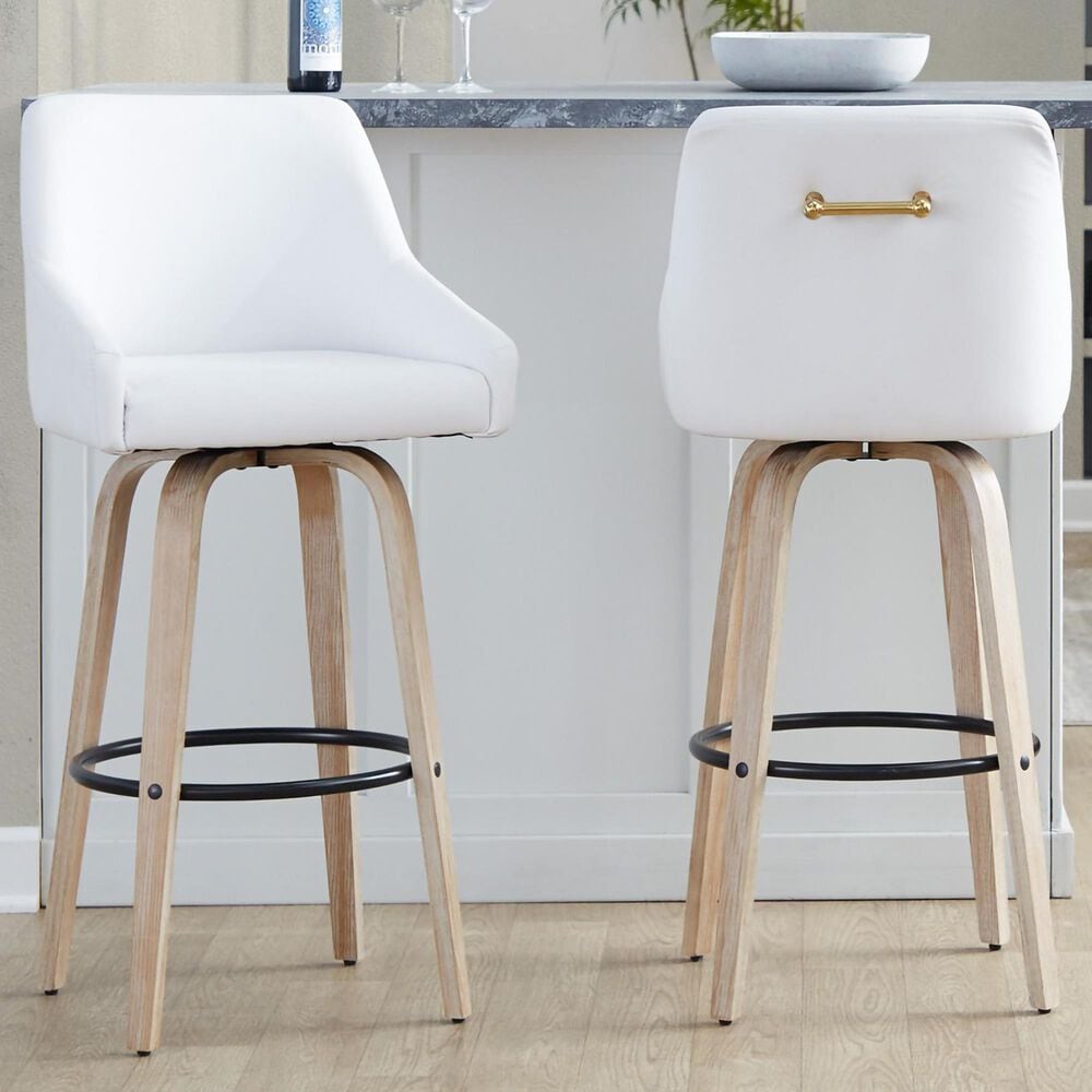 LumiSource Hannah Swivel Bar Stool with White Faux Leather Upholstery in Whitewashed and Black (Set of 2), , large