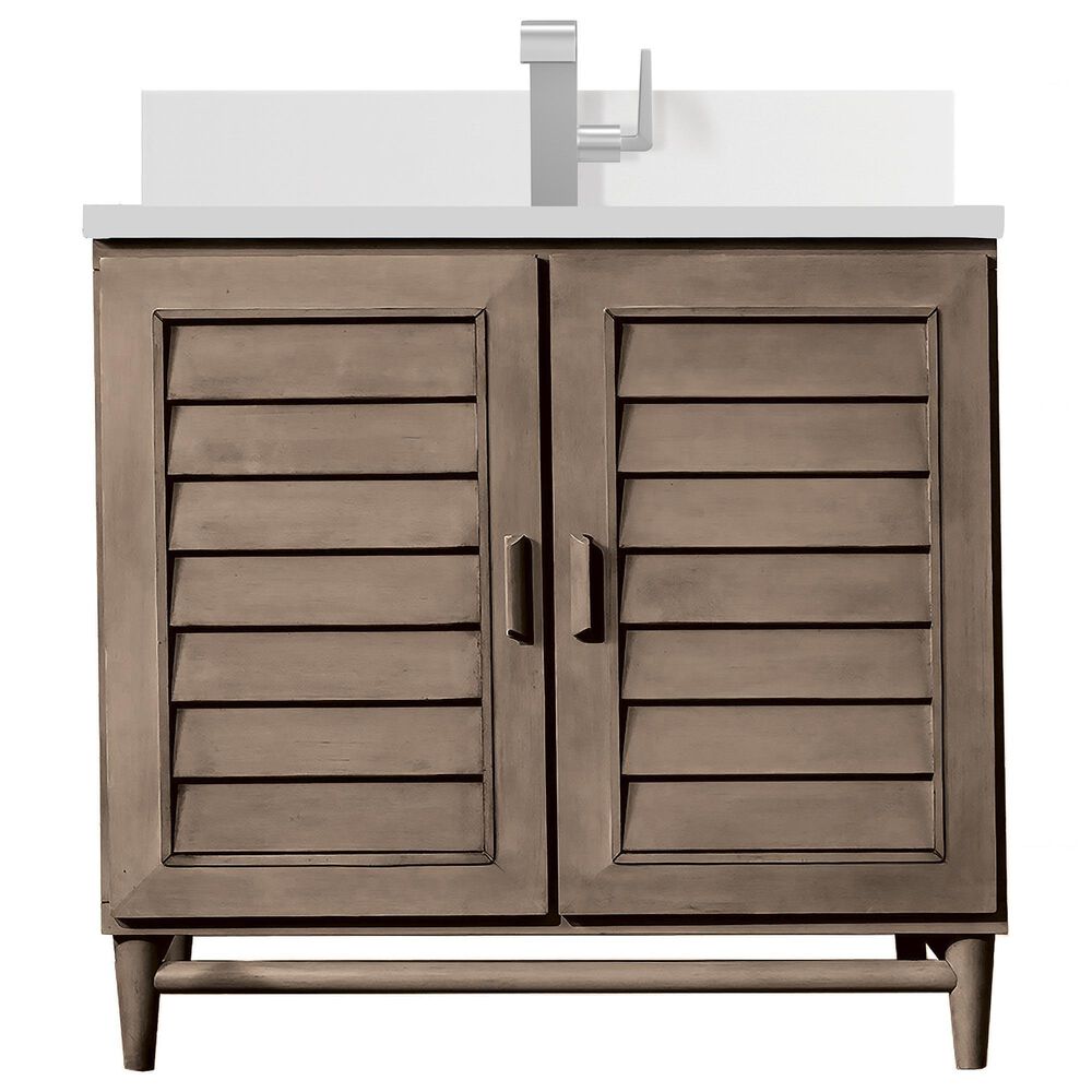 James Martin Vanities Portland 36" Single Bathroom Vanity in Whitewashed Walnut with Single Hole 3 cm White Zeus Quartz Top and Rectangular Sink, , large