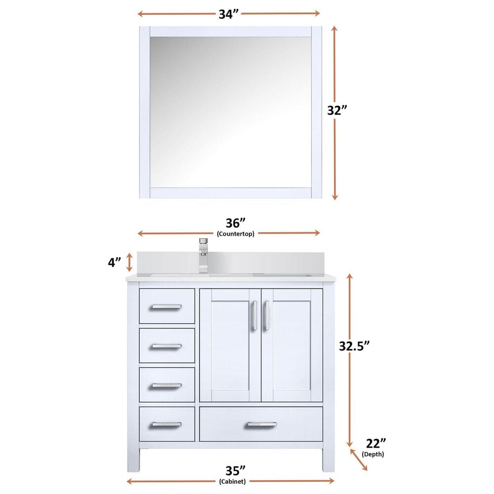 Lexora Home Jacques 36&quot; Right Offset Single Bathroom Vanity in Distressed Grey with 2 cm White Quartz Top, Rectangular Sink and 34&quot; Mirror, , large