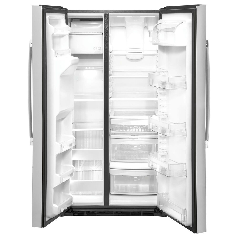 G.E. 4-Piece Kitchen Package with 25.1 Cu. Ft. Side-by-Side Refrigerator and 30&quot; Freestanding Electric Range in Stainless Steel, , large