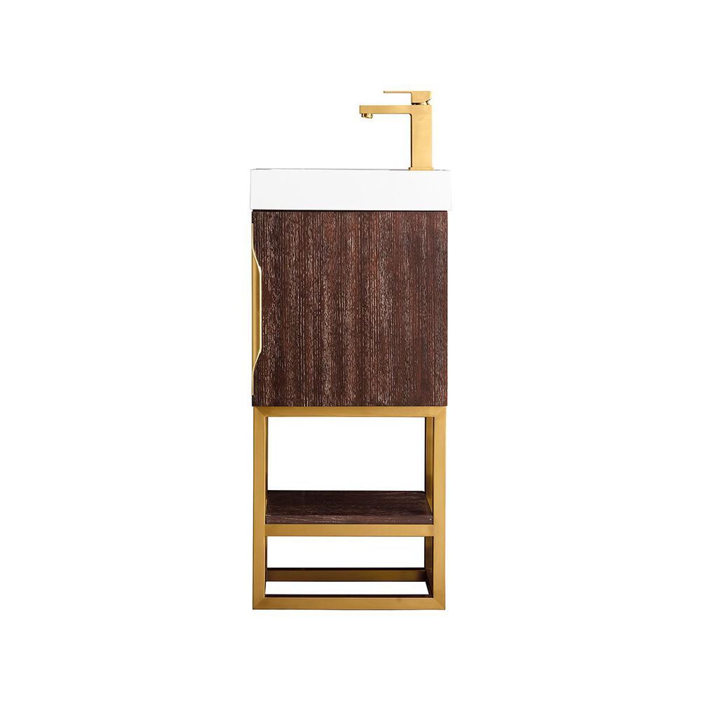 James Martin Columbia 16" Single Vanity Cabinet in Coffee Oak, Radiant Gold, with White Glossy Solid Surface Top, , large