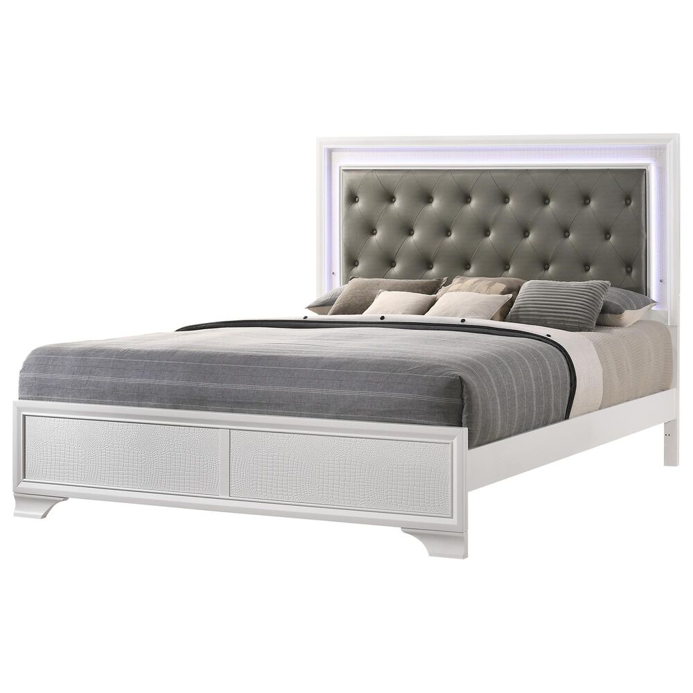 Crown Mark Lyssa King Upholstered Panel Bed with LED Lights in Frost, , large