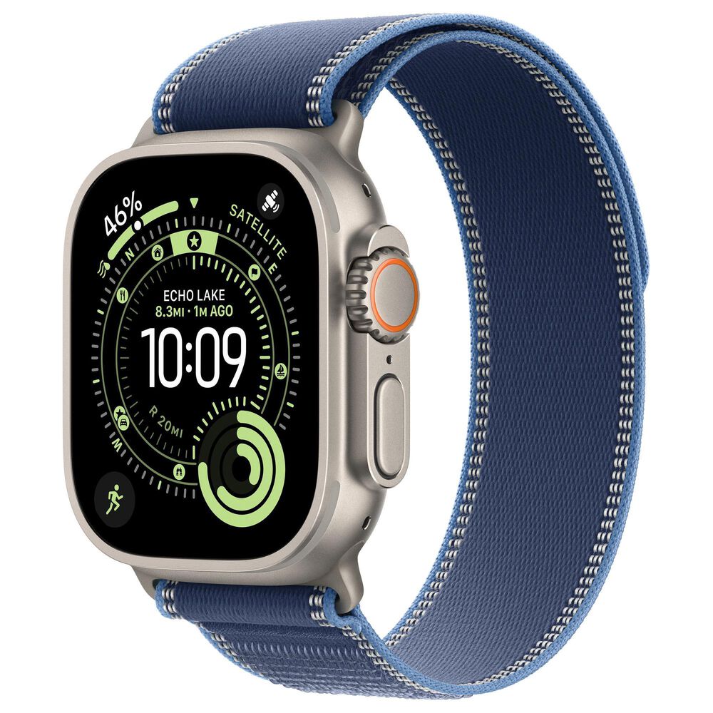 Apple Watch Ultra 3 (GPS+Cellular) 49mm Titanium Case with Blue/Bright Blue Trail Loop - M/L in Natural and 2-Year AppleCare+, , large