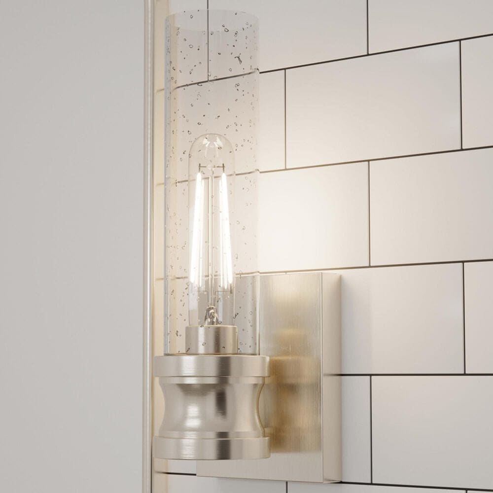 Hunter Lenlock 1-Light Wall Sconce with Seeded Shade in Brushed Nickel, , large