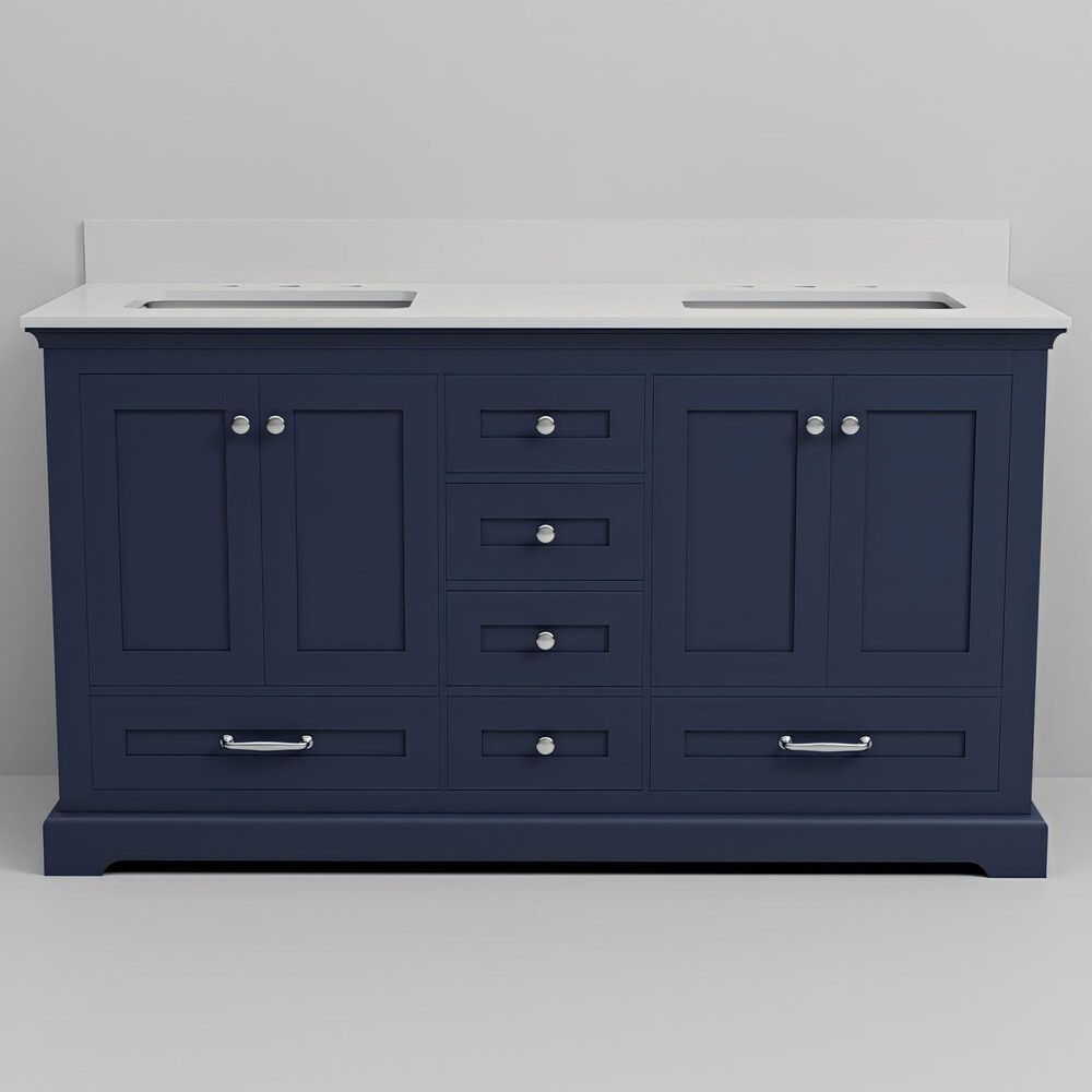 Lexora Home Dukes 60" Double Bathroom Vanity in Navy Blue with 2 cm White Cultured Marble Top and Rectangular Sinks, , large