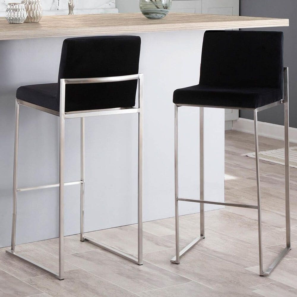 Lumisource Fuji High Back Barstool with Black Velvet in Stainless Steel &#40;Set of 2&#41;, , large