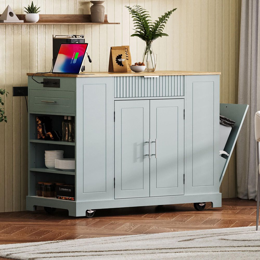 HOMLUX 47" Fluted Kitchen Island with Trash Can Storage Cabinet in Grey, Blue and Natural, , large