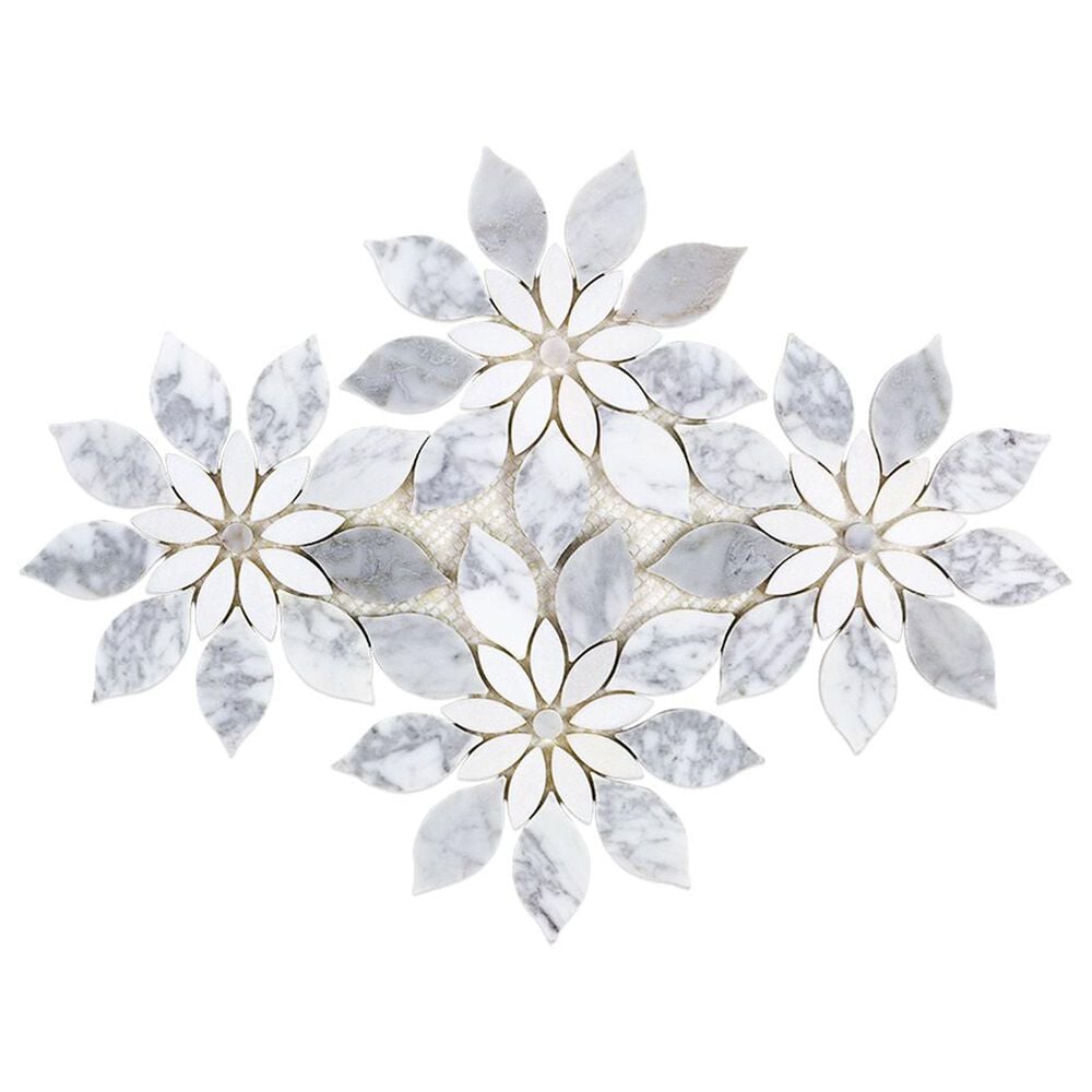 Soho Studio MJ Rain Flower White Carrara and White Thassos 12.4" x 14.13" Marble Mosaic Sheet, , large