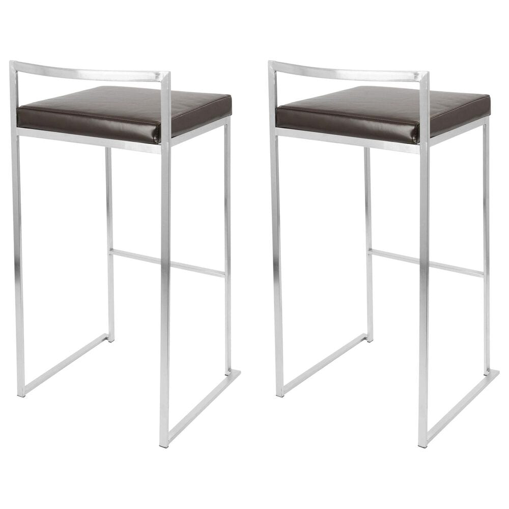Lumisource Fuji Stackable Barstool with Brown Faux Leather in Brushed Stainless Steel &#40;Set of 2&#41;, , large
