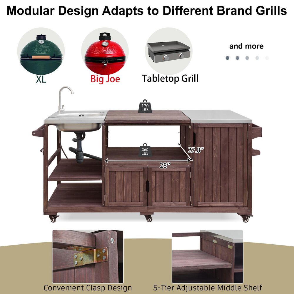 HOMLUX 75.4" Outdoor Kitchen Island with Sink, Solid Wood Outdoor Grill Cart for XL Green Egg Grills, Rolling Outdoor Bar Cart with Stainless Steel Top, for Pizza Prep &amp; BBQ, Brown, , large