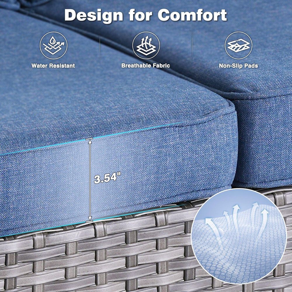 HOMLUX 7-Piece Patio Set with 42 Inch Fire Pit Table, Outdoor Wicker Sofa and Swivel Rocking Chairs, Grey Rattan in Denim Blue, , large