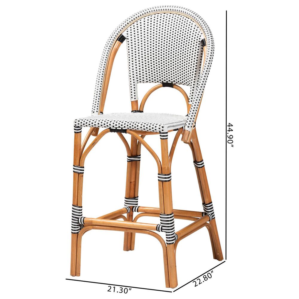 Baxton Studio Genica Bar Stool with Two-Tone Black and White Weaving in Natural Rattan, , large
