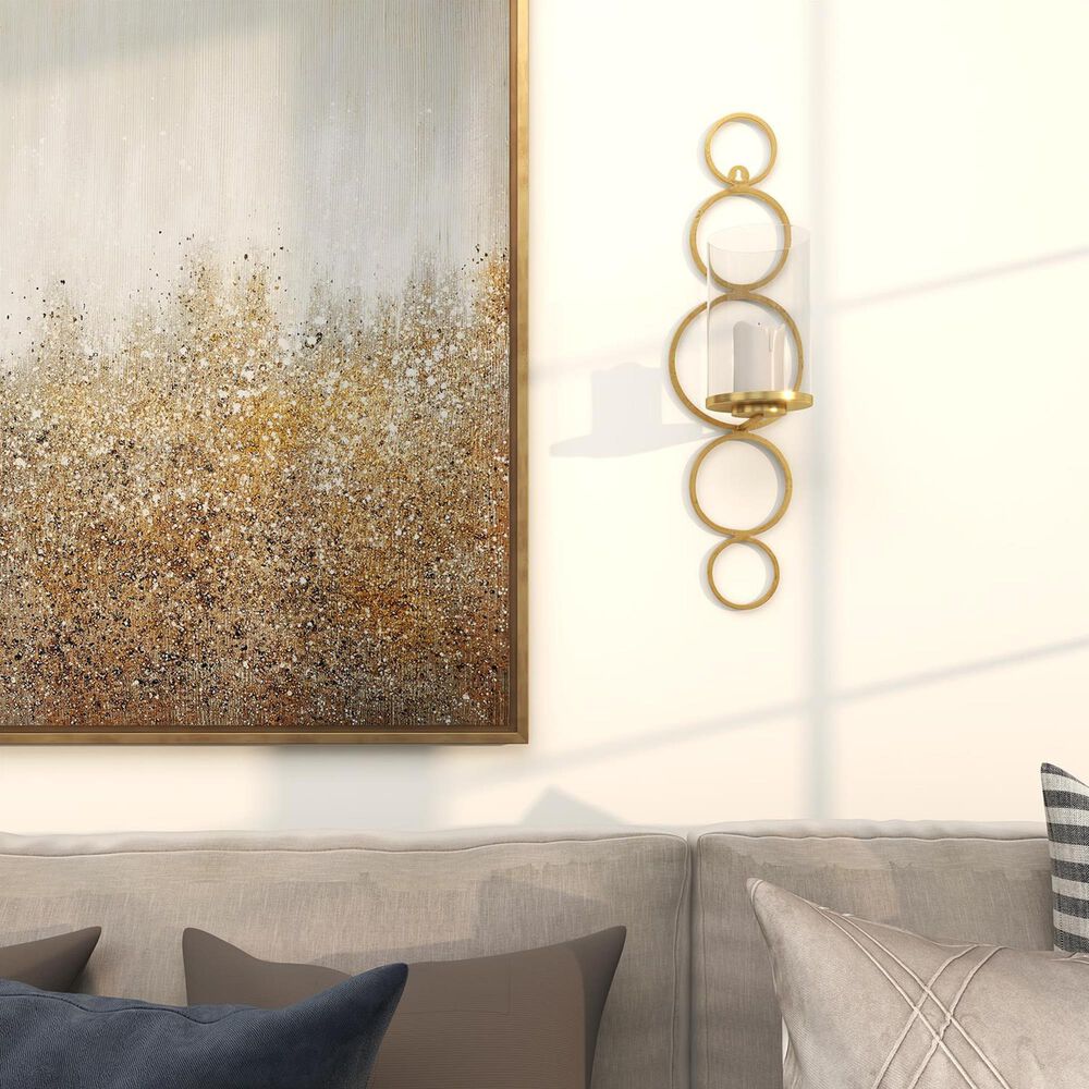 Maple and Jade 25&quot; Stacked Circle Single Indoor/Outdoor Wall Mount Candle Holder in Satin Gold and Clear, , large