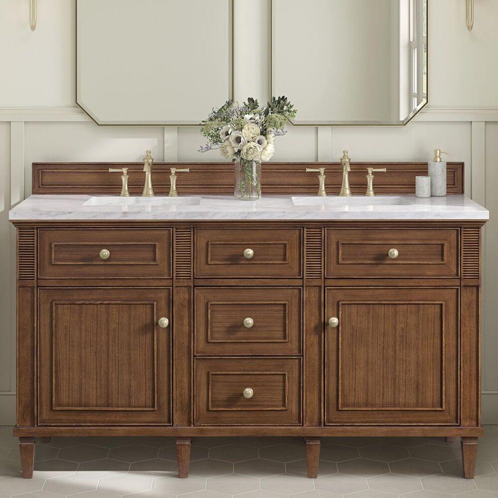 James Martin Vanities Lorelai 60&quot; Double Vanity in Mid-Century Walnut with 3 cm White Zeus Quartz Top, , large