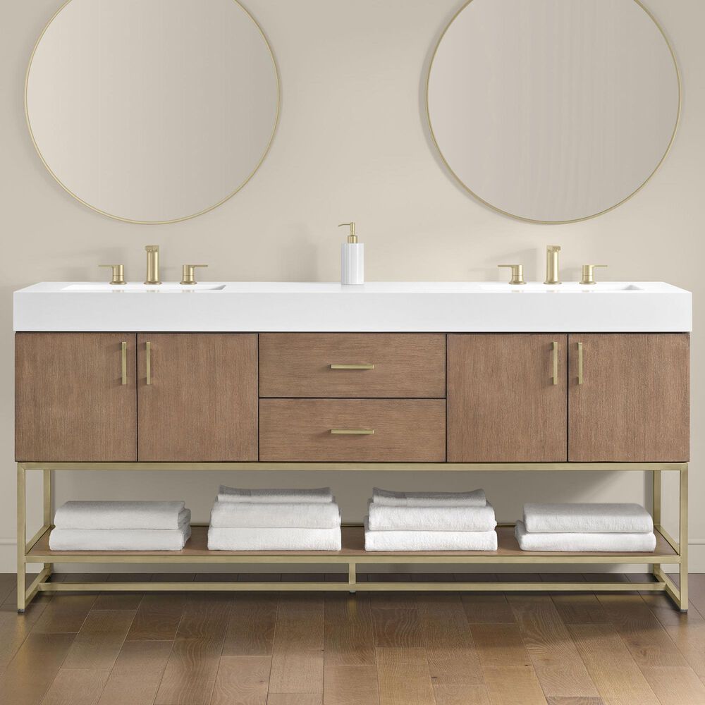 37B Mauri 72" Double Bathroom Vanity with Metal Base in Walnut Drift with High-Profile 4" White Composite Stone Top, , large