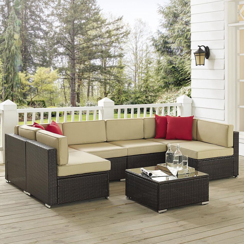 Crosley Furniture Sea Island 7-Piece Wicker Sectional Set in Brown, , large