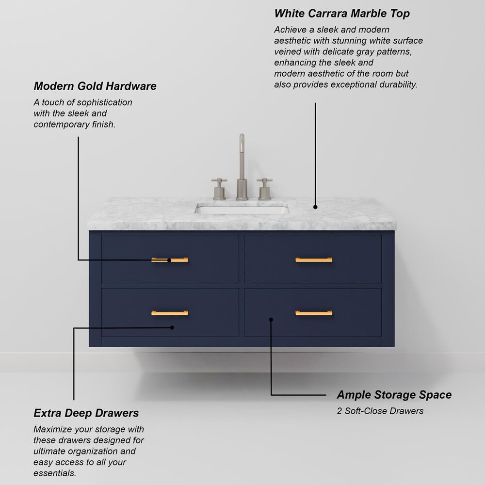 Lexora Home Castor 48" Single Bathroom Vanity in Blue with 2 cm White Carrara Marble Top and Rectangular Sink, , large