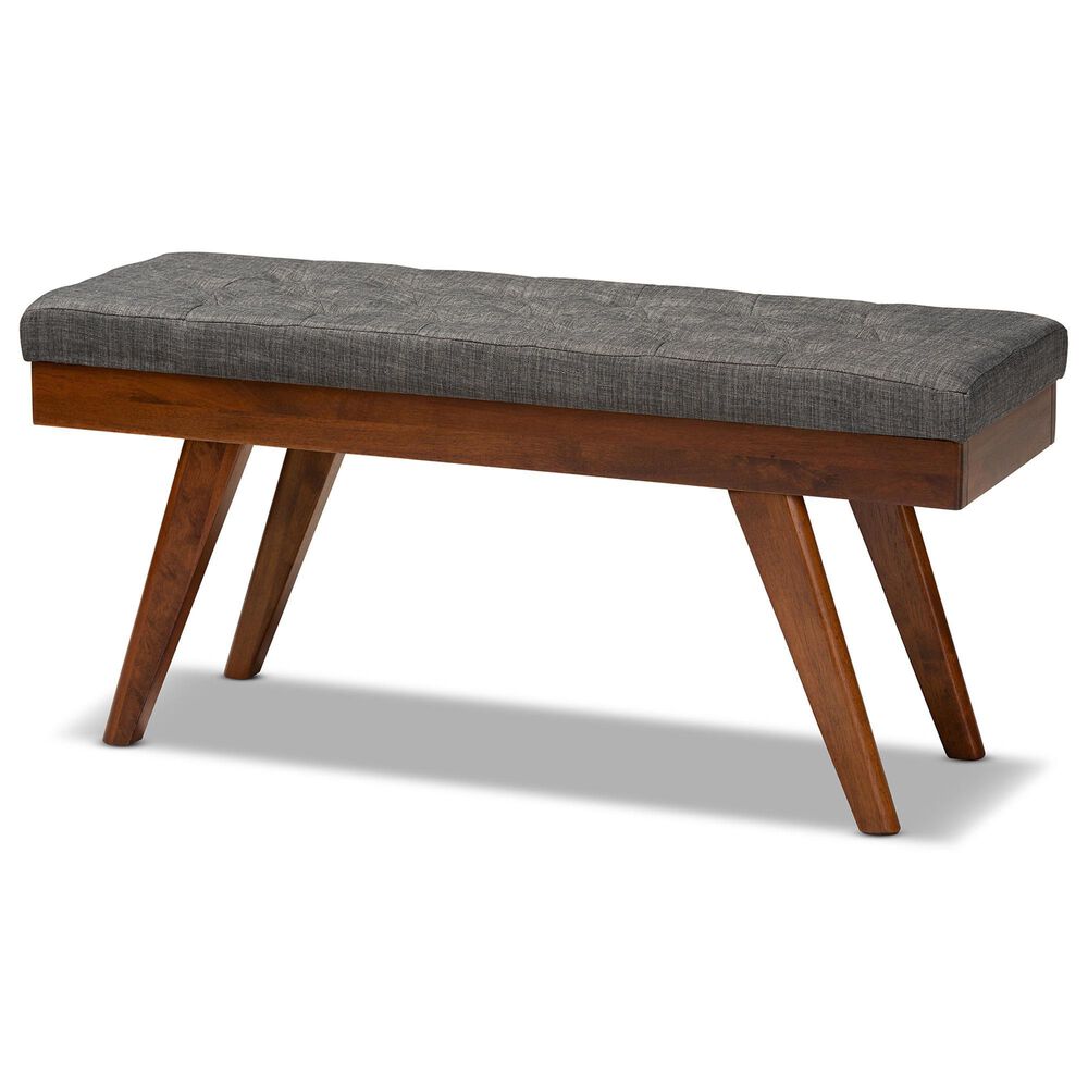 Baxton Studio Alona Dining Bench with Medium Grey Cushion in Walnut Brown, , large