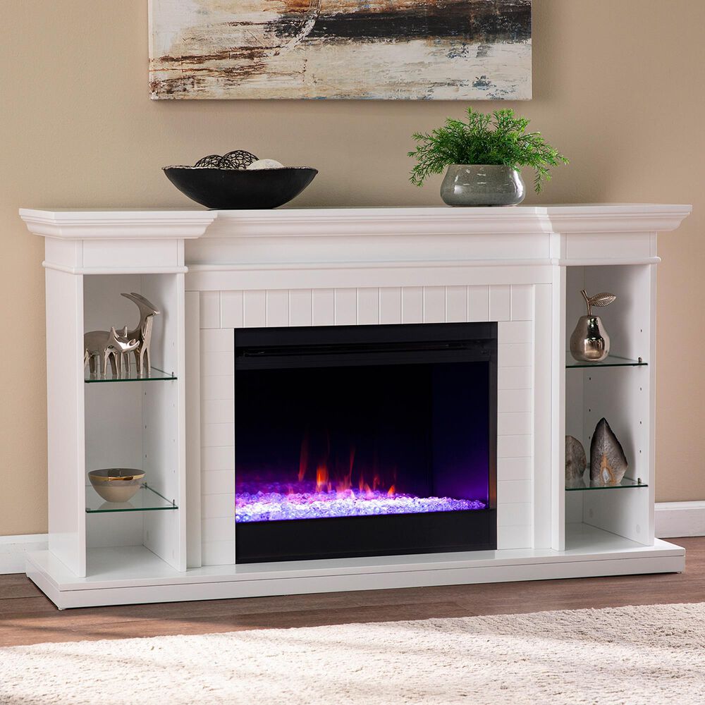 Southern Enterprises Henstinger Color Changing Fireplace with Bookcase in White, , large