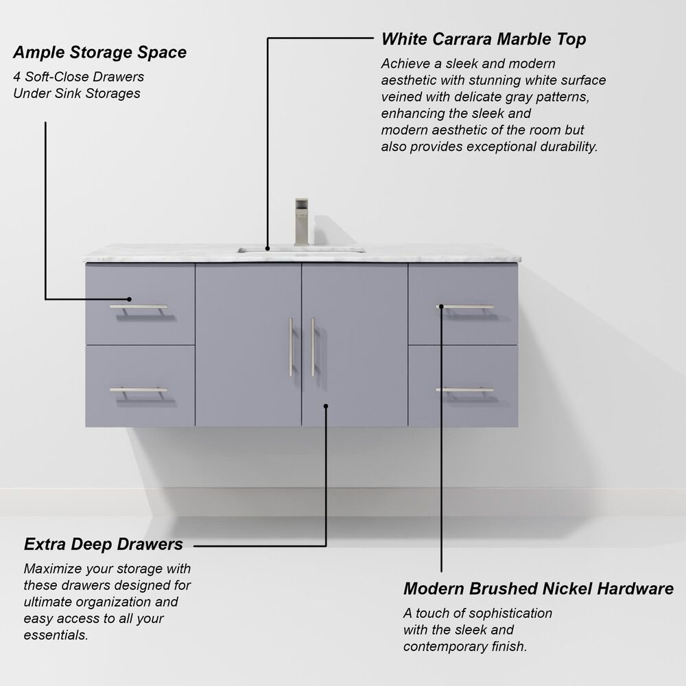Lexora Home Geneva 48&quot; Single Bathroom Vanity in Dark Grey with 2 cm White Carrara Marble Top and Rectangular Sink, , large