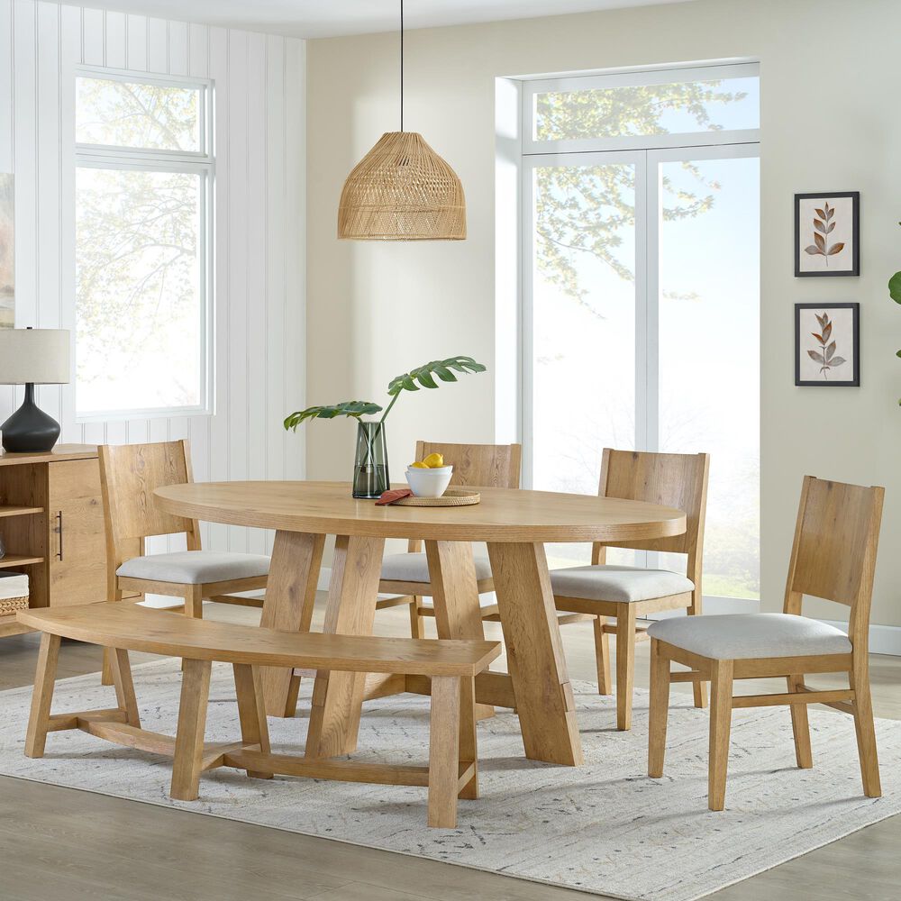 Forma & Co Boho Dining Table, 4 Dining Chairs and Bench in Prairie Oak Finish, , large