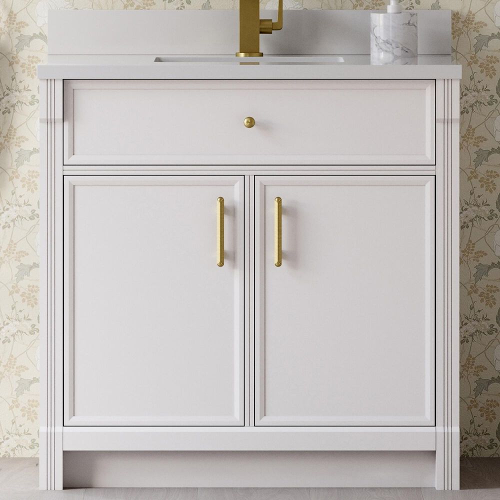 James Martin Bellshire 36" Single Bathroom Vanity in Bright White with Single Hole 3 cm White Zeus Silestone Top and Rectangular Sink, , large