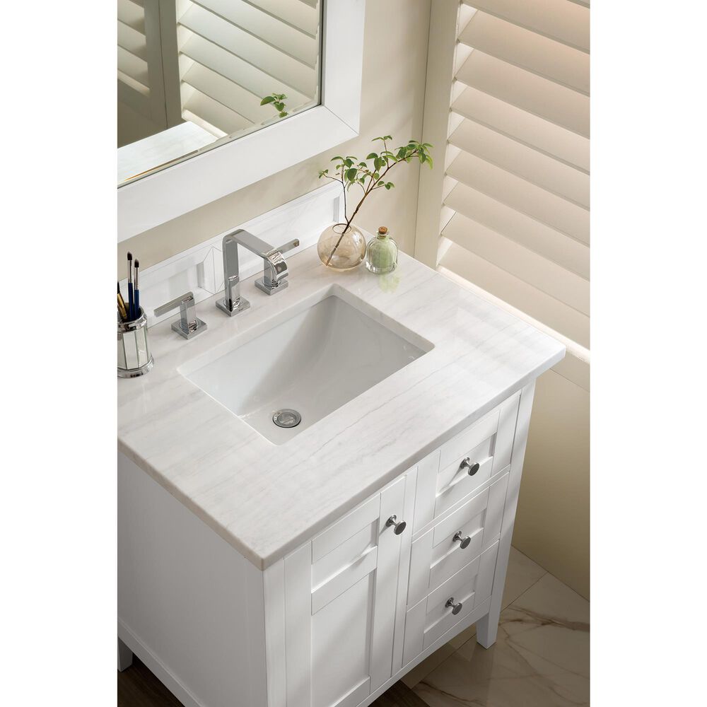 James Martin Vanities Palisades 30&quot; Single Bathroom Vanity in Bright White with 3 cm Arctic Fall Solid Surface Top and Rectangular Sink, , large