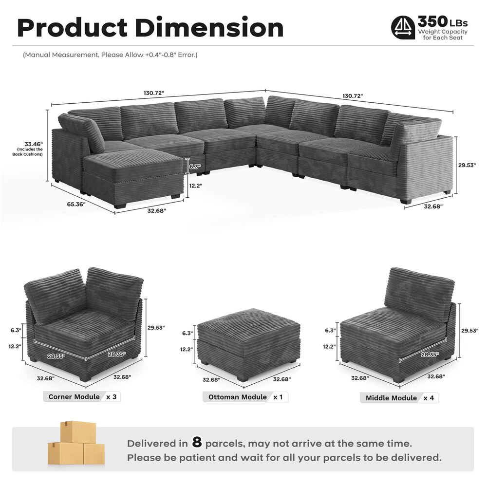 HOMLUX 8-Piece Mod L-Sectional with Chaise in Gray, , large